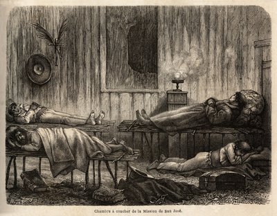 旅の途中で著者を迎えてくれたサンホセ（ペルー）のキリスト教伝道所の寝室。1848年から1860年にかけて、ポール・マルコイが「Le tour du monde」の中で行った、太平洋から南アメリカを経てアトランティック大洋への航海を説明するためのエングレーヴィング。 作： Unknown artist