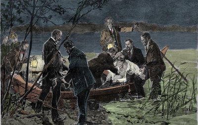 1886年6月、ベルク城近くのシュタルンベルク湖で溺死したバビエール・ヴィッテルスバッハ家のルイ（ルートヴィヒ）2世（1845-1886）の遺体をグドン医師が発見したときの写真（Engraving 作： Unknown artist