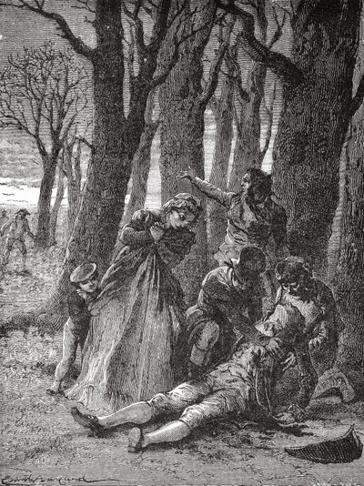 1804年12月3日の朝、シャンゼリゼ通りで13本の針で刺されたフィリップ・ルボン（1769 - 1804）の遺体が引き上げられる - 1896年の「科学のアルバム、輝かしい科学者、大発見」に掲載 作： Unknown artist