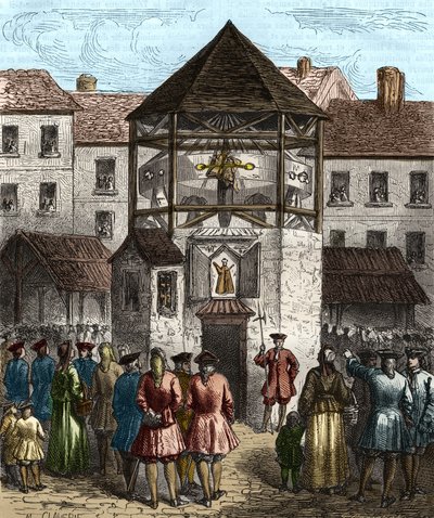 ヴォーバン侯爵Sebastien Le Prestreの著書「la dime royale」は、1707年に追放された後、ピローリーにかけられた。 作： Unknown artist