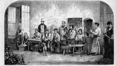 シャンパーニュワインの瓶詰め作業。1864年に描かれたもの。 作： Unknown artist