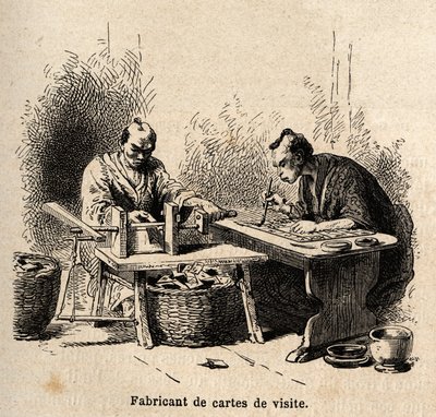 名刺メーカー。1863-1864年の日本への航海を説明するためのエングレーヴィング。スイス連邦公使のアイム・アンベールが、エドゥアール・シャルトンの指揮で出版した「Le tour du monde, nouveau journal des voyages」に掲載されたもの。 作： Unknown artist