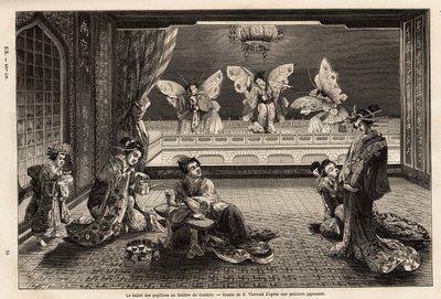 横浜の三代崎歓楽街にあるガンキロー劇場の蝶のバレエ。1863年から1864年にかけて、スイス連邦公使のアイム・アンベールが日本への旅を説明するために描いたもので、「le tour du monde」に掲載されている。 作： Unknown artist