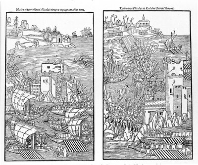 1522年、トルコ人によるロードス島の占領。トルコ人は聖ニコラスの要塞を攻撃する。キシログラフィー。 作： Unknown artist