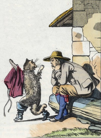猫は主人に服と長靴を求め、すぐにお金持ちになることを約束します。シャルル・ペローの物語「Le chat botte」の挿絵 作： Unknown artist