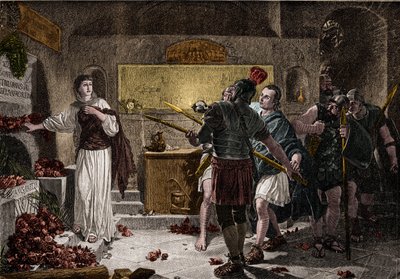 ローマのカタコンベは、1世紀にはキリスト教の殉教者を埋葬するために使われていたが、ローマ人からの妨害を受けることはなかった。257年頃、皇帝ヴァレリアンの時代になると、死者に対する迫害が始まり、多くのキリスト教徒が追われ、狩られた。 作： Unknown artist