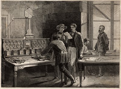 クルーゾー工場の中央電信局。1865年にL.シモンが行ったクルーゾーとソーヌとロワールの鉱山への航海を説明するためのエングレーヴィング。 作： Unknown artist