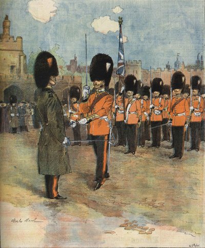 1893年、ロンドンのバッキンガム宮殿で行われた衛兵交代式。M.C.モレルのイラスト。ビアンケッティのコレクション。 作： Unknown artist