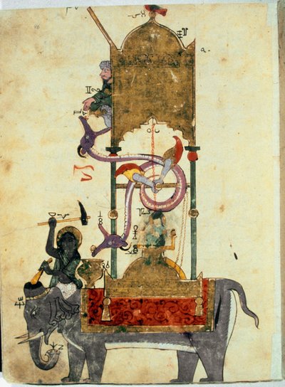 クレプシドラには象がいる 1200年頃、トルコの技術者イブン・アル・ラジャージ・アル・ジャザリ（Al Rajjaj Al Jazari）（1136-1206）が設計した象の形をした水時計からなる中世のイスラム教の発明品である。トルコの機関士が考案した発明品 作： Unknown artist