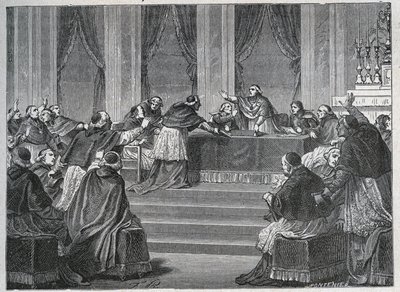 フランスとイタリアの聖職者は、1811年6月9日にパリで開催されたフランス国民評議会の集会に集まり、フェッシュ枢機卿（1763～1839）が議長を務めた。 作： Unknown artist
