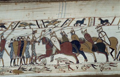 ノルマンディー公爵によるイングランド征服 1066年の征服王ウィリアム（1027-1087）：ノルマン人の歩兵とサクソン人の騎兵が対立するヘイスティングスの戦いの場面 バイユーのタペストリーの詳細またはマチルド王妃の刺しゅう 作： Unknown artist