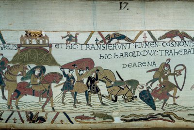 ノルマンディー公爵ウィリアム・ザ・コンケラン（1027-1087）の軍隊によるブルターニュの征服：モン・サン・ミッシェルの高台にあるクーズノン川の横断、動く砂の中に人や馬が沈む バイユーのタペストリー（エンブロ）の細部 作： Unknown artist