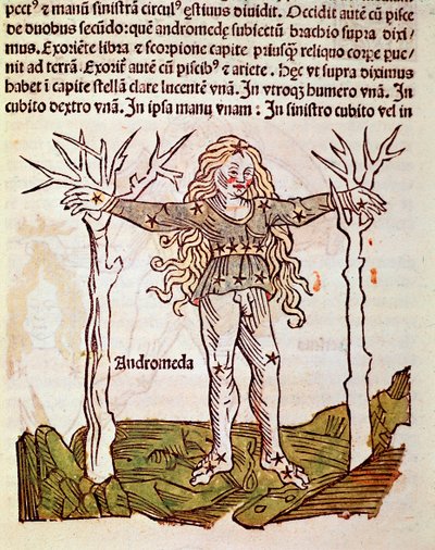 アンドロメデ座の詳細は、ローマの歴史家ヒギン（Gaius Julius Hyginus）（紀元前1世紀）の「Poeticon astronomicon」に由来する（Andromeda constellation, from "Poeticon astronomicon" attributed to Hyginus (1st century BC) ）。 作： Unknown artist