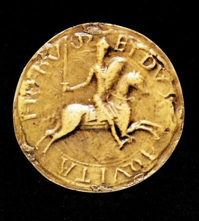 フランスのルイ7世（1120年～1180年）のカウンターシールで、馬に乗ったルイ7世が描かれています。 作： Unknown artist
