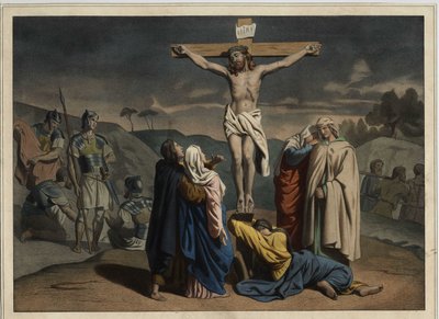 キリストの磔刑の様子。十字架には「INRI」と刻まれている。19世紀中頃の匿名の彫刻。 作： Unknown artist