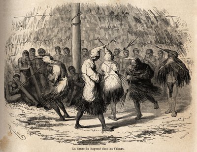 ペルーのヤワ・インディアンのバヤンテ（悪魔の踊り）は、月に敬意を表して行われるもので、毎年、森の中に設置された小屋で行われ、儀式の後、小屋や笛、太鼓は丁寧に燃やされます。エングレーブ 作： Unknown artist