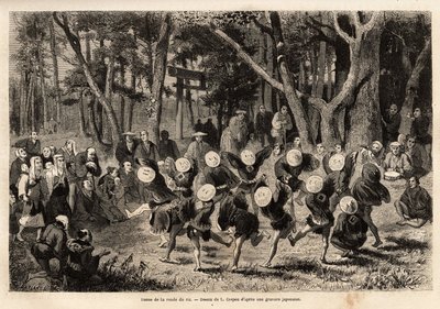 1年の10ヶ月目に行われる稲の丸い踊りは、穀類に関するものです。1863年から1864年にかけてスイス連邦公使アイム・アンベールが行った日本への旅を説明するためのエングレーヴィングで、「le tour du monde」に掲載されている。 作： Unknown artist