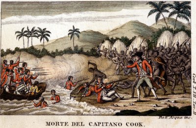 1820年にミラノで開催された「Viaggi del Capitano Cook」の後、キャプテン・クックが亡くなったこと。 作： Unknown artist
