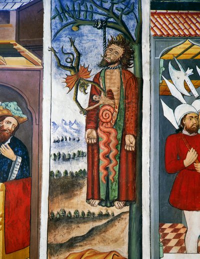 キリストの生涯」のユダの死（15世紀）、フレスコ画、聖セバスチャン礼拝堂（フランス、ローヌ＝アルプ地方、ヴィラール＝ド＝ランス）。 作： Unknown artist