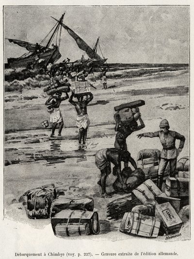 ピーターズ遠征隊のチムバイ（タンザニア）での下船風景。ピータース博士（1856-1918）の物語「Au secours d