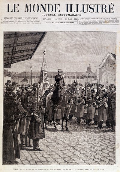 第200連隊の中隊の出発。リヨン駅での旗への挨拶。"The Illustrated World".23/03/1895.デッサン。 作： Unknown artist