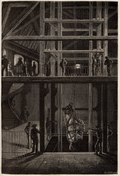 石炭車を運ぶための地下トンネルに使われたクルーゾー鉱山での馬の降下。1865年にL.シモンが行ったクルーゾーとソーヌとロワールの鉱山への航海を説明するための版画（「Le tour du monde, nouveau journal des 作： Unknown artist