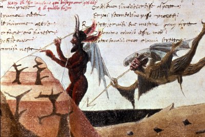 14世紀のダンテ・アリギエリ(1265-1321)の手書き版「神曲」の後の地獄の輪の中の悪魔たち。ミラノのBibl.Trivulziana。 作： Unknown artist