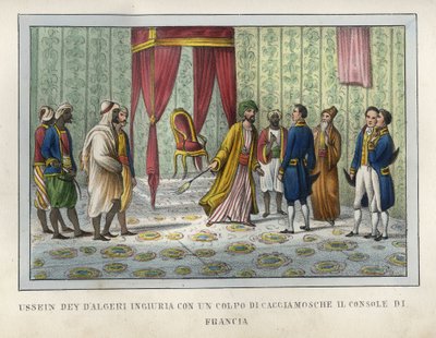 アルジェの公使フセインは、1827年4月、フランス領事ピエール・ドゥヴァルに不快感を覚え、彼をフライ・ハンターから吹き飛ばした。このエピソードは、1830年のアルジェ攻略に向けて、決定的な出来事となった。L