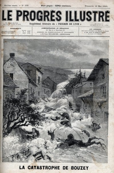 Bouzey（Vosges）の災害、Epinalの貯水池のダムが決壊し、700万立方メートルの水が流れ込んだ - 1895年の「Le Progres illustrious」に掲載されたエングレーヴィング。 作： Unknown artist