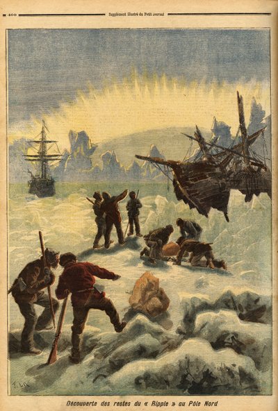 北極点で氷に巻き込まれたリップル号（ノルウェー船）の残骸の発見。1893年12月16日付「Le petit journal」に掲載された図版。セルバのコレクション。 作： Unknown artist