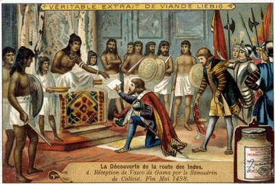インド航路の発見：1498年5月末、カリカットのサムドリンによるヴァスコ・デ・ガマの受け入れ - 広告ヴィネット・リービグ 作： Unknown artist