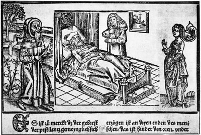 ペスティフェレのベッドにいる医者、Jérôme Brunschwigによる「Liber pestilentialis」の木版画、ストラスブール 作： Unknown artist