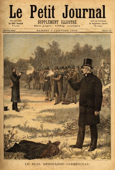 副官ポール・デルーレ（1846-1914）とジョルジュ・クレマンソー（1841-1929）のピストルによる決闘（フランスでは1626年から禁止されている）、無傷。Le petit journal "1893年7月1日付のエングレーヴィング。セルバのコレクション。 作： Unknown artist