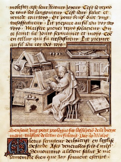 聖職者、写本屋、翻訳家であるジャン・ミエロ（1472年没）が事務所で作業している様子。 15世紀の写本のページ。パリ、B.N. 作： Unknown artist