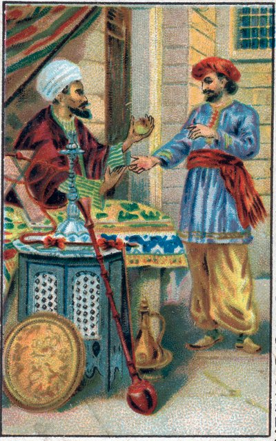 魅惑のリンゴ。アーメド王子と料金のパリ・バヌーの歴史（パリ・バヌー）（Paribanu）。1001夜の物語（千夜一夜物語）。19世紀末のクロモリトグラフ。 作： Unknown artist