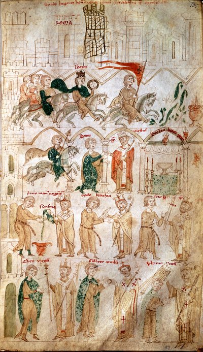 神聖帝国ヘンリー6世（1165-1197）のローマ入国と、1191年4月14日の教皇セレスティン3世による皇帝としての戴冠式 ピエトロ・ダ・エボリ（エボリのペーター）の「Liber ad honorem Augusti」からの引用ページ - （codex 120, fol 105） 13世紀のBurgerbibli 作： Unknown artist