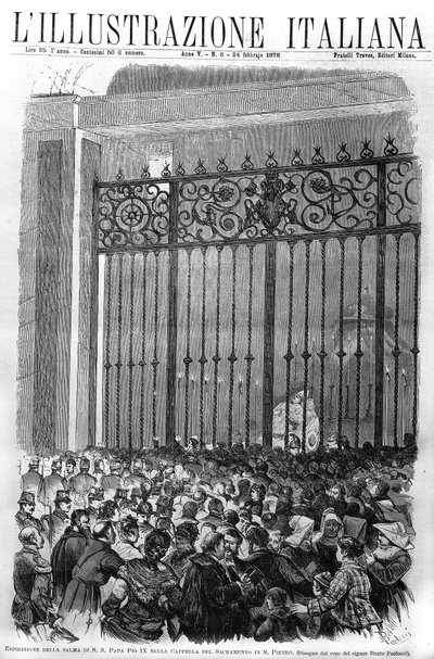 バチカンのサクラメント礼拝堂で行われた教皇ピオ9世（1792 - 1878）の遺体の展示会。1878年2月の "lillustrazione italiana "の表紙。 作： Unknown artist