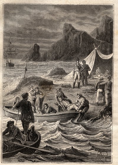 ニコラ・ボーディン（1754-1803）の南方遠征（1800-1803）：壊血病の病人はベイ・オブ・アドベンチャー（オーストラリア・タスマニア）に上陸した - 図版は "The Great Mariners of 18 century "より引用 作： Unknown artist