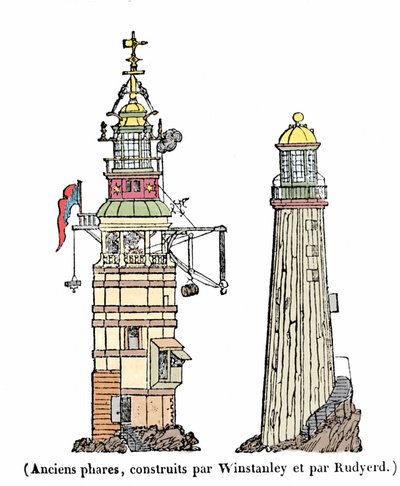 エディストンにある最初と2番目の灯台。1696年に建てられた第1の灯台は、1703年の嵐の夜に姿を消し、第2の灯台は1775年に火事で崩壊した。 作： Unknown artist