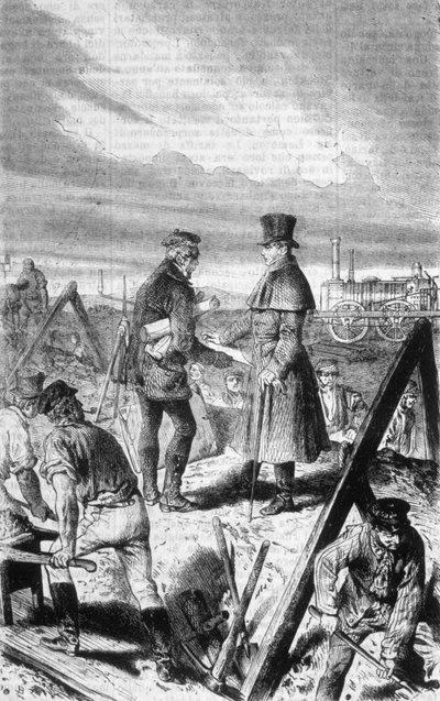 イギリス人技師ジョージ・ステファンソン（1781-1848）が製作した最初の蒸気機関車。 作： Unknown artist