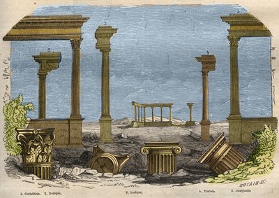 古典（古代）建築の5つの秩序。コリント式、ドリス式、イオニア式、トスカーナ式、複合式の5つの様式があり、それぞれを柱で表している。1857年に描かれた「科学博物館」の版画 作： Unknown artist