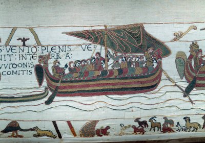 ノルマンディー公爵ウィリアム・ザ・コンケラント（1027-1087）に、エドワード・ザ・コンフェランスの死後、イングランドの王冠を継ぐことを知らせるためにやってきたハロルドの艦隊は、テンペテに巻き込まれてガイ・ド・プ伯爵の海岸に投げ出される。 作： Unknown artist