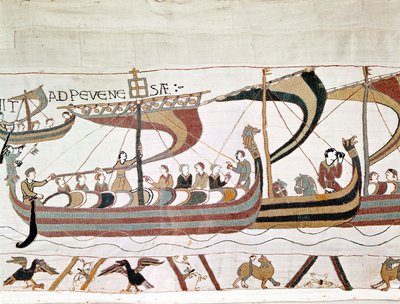 イギリスに向かう途中のウィリアム1世征服王の艦隊-マティルド女王の刺繡として知られるバイユーのタペストリー 作： Unknown artist