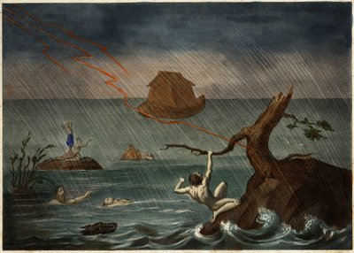 遠くにノアの箱舟がある大洪水の様子。19世紀中頃の匿名の彫刻。 作： Unknown artist