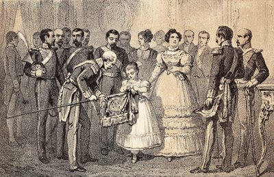 後のスペイン女王イザベラ2世（ブルボン家のイザベラ）（1830-1904）（スペインのイザベル2世）が、聖フェルディナンド（サン・フェルナンド）騎士団の衛兵隊の槍の旗を飾っている様子。リトグラフ。 作： Unknown artist