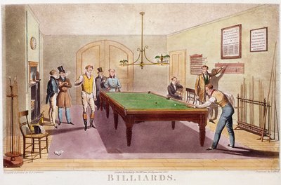 The game of billiards ビリヤードをする英国上流社会の紳士たち。1827年のエングレーヴィング。個人蔵 作： Unknown artist