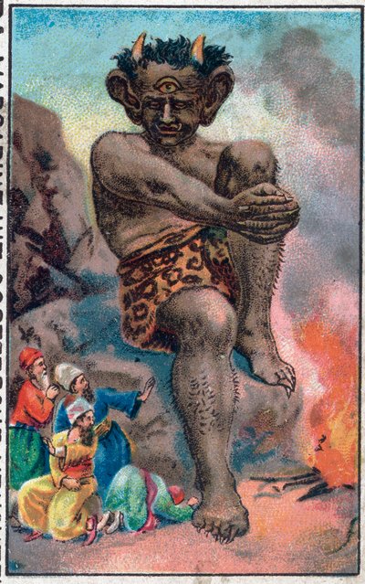 巨人です。船乗りシンドバッド（Sindbad）の素晴らしい冒険。1001夜（千夜一夜）の人気物語。19世紀末のクロモリトグラフ。 作： Unknown artist