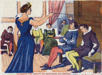 良い料金で城の住人が眠る。フランスの作家、シャルル・ペロー（1628-1703）の物語「眠っている森の美女」の匿名の挿絵。イメージ：Marcel Vagne, Jarville Nancy, undated (19世紀後半). 作： Unknown artist