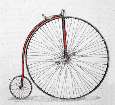 1865年から1870年にかけて発明されたグランドバイ（grand bi）と呼ばれる自転車。 作： Unknown artist