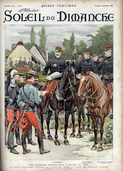 1899年の陸軍の大機動作戦。軍事作戦を批判する作戦部長ジョヴァニネッリ将軍。1899年9月3日、「Le sun-du-dimanche」に掲載されたエングレーヴィング。 作： Unknown artist